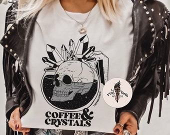 Coffee and crystals tee, skull coffee with crystals shirt, witchy coffee shirt, witchy mystical crystals and coffee shirt, coffee crystals