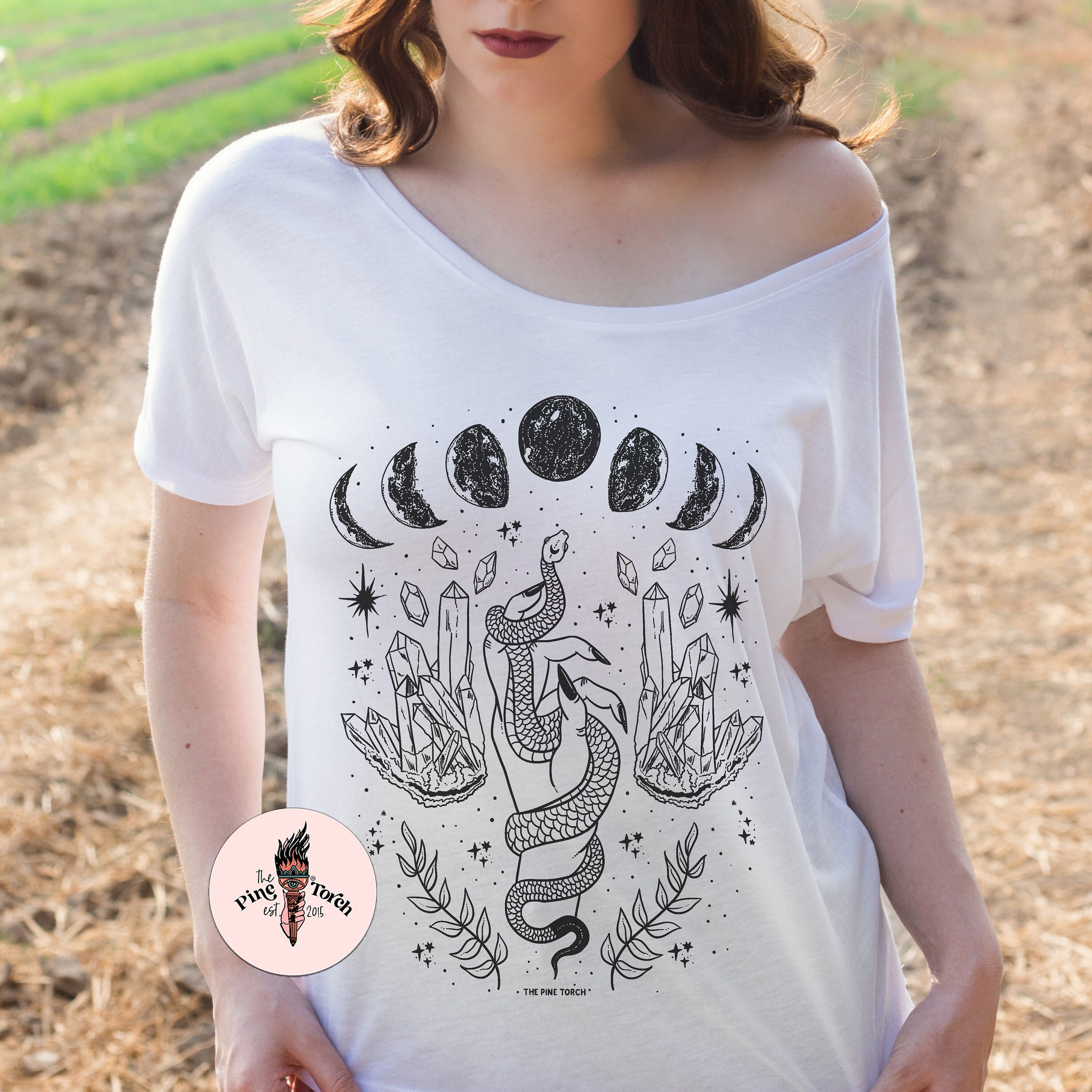 Mystical Moon Crystals Snake Slouchy off Shoulder Shirt