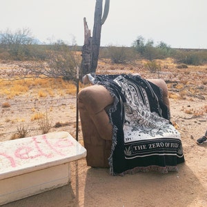 May include: A brown armchair with a black and white throw blanket with the text "The Zero of Flux" on it. The chair is in a desert setting with a cactus in the background.
