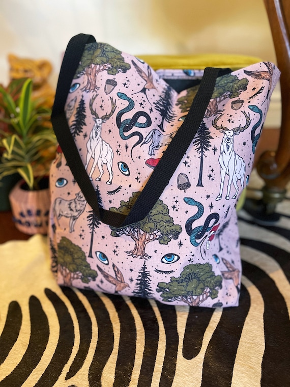 Forest Deer Mushroom Rustic Tote Bag, deer forest pattern pattern Grocery Bag, deer wolf Tote Bag, 18x18 16x16 13x13 Tote Bag black handle