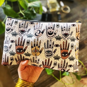 Hamsa Evil Eye Pattern Zipper Cosmetic Pouch, Evil Eye Hamsa cosmetic zipper pouch, Hamsa cosmetic case, hand pattern cosmetic zip pouch