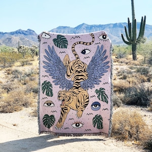 Tiger with Wings Evil Eye Throw Blanket, Tiger Pattern with eyes and monstera Woven Throw, winged tiger Large Tapestry Throw Blanket