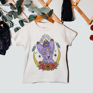 Moon Cat Shirt, Mystical witchy cat Kids tee, Kitty Meow Shirt, Gothic witchy cat Shirt, Cat Shirt, Boho Cat Tee, Cat with moon and evil eye