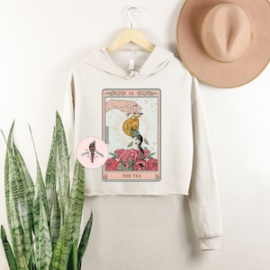 The tea tarot card skeleton Crop Hoodie, the tea tarot card crop hoodie, the tea tarot sweatshirt, tarot tea hoodie