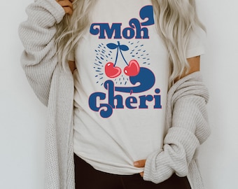 Mon Cheri retro font shirt, mon cheri shirt, retro French saying shirt, mon cheri womens tee, retro French shirt, retro cherry shirt