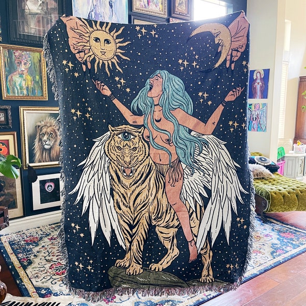 Woman Riding Tiger with Wings Throw Blanket, Tiger goddess Woven Throw, mystical winged tiger Large Tapestry Throw Blanket