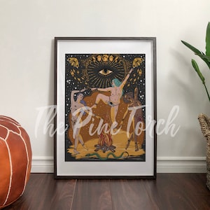 Women dancing around fire framed print, Moon dance poster, witchy goddess print, witchy moon dance print, women dancing framed poster
