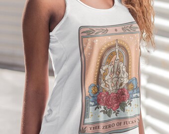 The Zero of Fucks Tarot Card Tank, Skeleton Swear Finger Tarot Card Tank, Skeleton middle finger tank, lovers skeleton tank