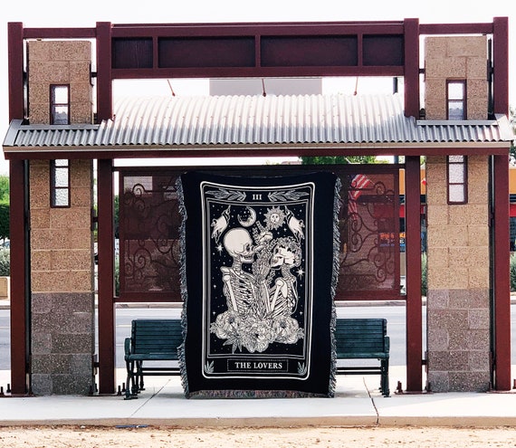 The Lovers Tarot Card Woven Throw Blanket, Skeleton Tarot Blanket Woven Throw, Tarot theme Large Throw Blanket, Tapestry throw blanket