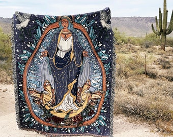 Virgin Mary Guadalupe crystals woven fringe blanket, Virgin Mary woven blanket, goddess with crystals woven fringe blanket, Virgin Mary