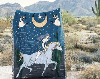 Midnight Desert Ride Cactus Throw Blanket, woman on horse desert rider mystical Woven Throw, desert goddess Large Tapestry Throw Blanket