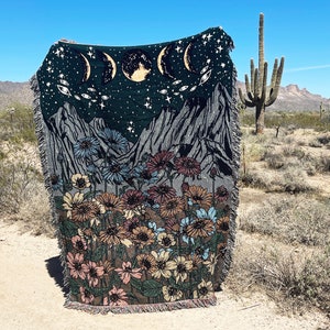 Midnight field of flowers woven throw blanket, deep gothic floral blanket, mountains field of flowers Woven Throw, Large Throw Blanket