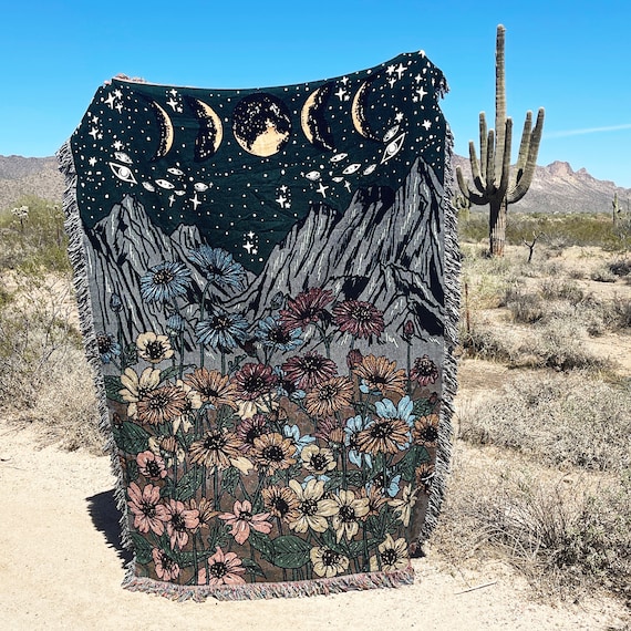Midnight Field of Flowers Woven Throw Blanket Deep Gothic Floral
