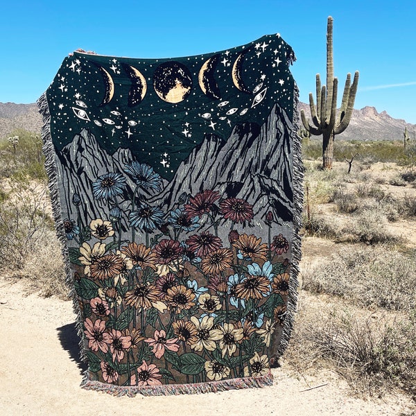 Midnight field of flowers woven throw blanket, deep gothic floral blanket, mountains field of flowers Woven Throw, Large Throw Blanket