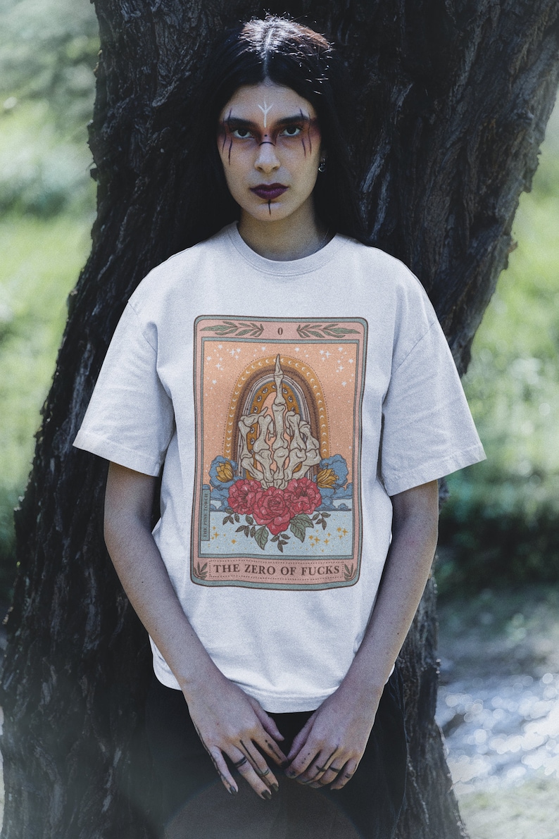 The Zero of Fucks Tarot Card Shirt, Skeleton swear finger Tarot Card Tee, skeleton hand tarot shirts, middle finger tarot shirt image 7