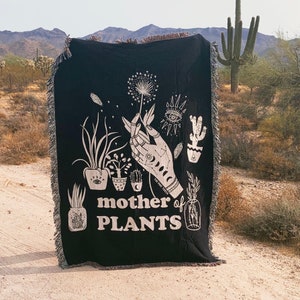 Mother of Plants Woven Throw Blanket, plant lover woven fringe blanket, witchy cactus plants Throw, mystical house plant Large Throw Blanket