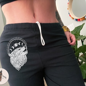 Mystical Wolf Sweatpants, Witchy Wolf jogging pants, wolf mother loose fit jogging pants, wolf mystical witchy jogging pants