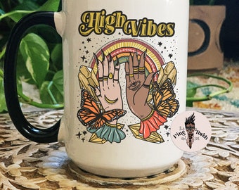 High Vibes Mug, Witchy butterfly high vibes Coffee mug, Retro good vibes high fives mug, high vibes retro mug, rainbow high five mug