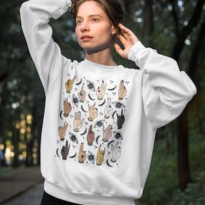 Witchy mudra hand pullover, hamsa hand witchy sweatshirt, mudra sweatshirt, hamsa sweatshirt, hand pattern sweatshirt