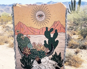 Succulent Skull Cactus Throw Blanket, succulents pattern with skull and evil eye Woven Throw, desert cactus Large Tapestry Throw Blanket