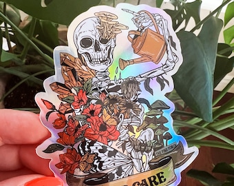Self Care Skeleton Holographic Sticker, self care floral moth skeleton watering can sticker, self care sticker, wilting skeleton sticker