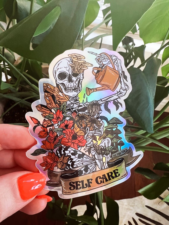 Self Care Skeleton Holographic Sticker, self care floral moth skeleton watering can sticker, self care sticker, wilting skeleton sticker