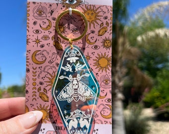 Death Moth Holographic Hotel Keychain, witchy death moth keyring gift, irridescent hotel keychain, Acrylic hotel Keychain