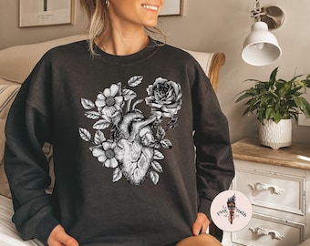 Sacred Heart Pullover, Heart with Flower pullover, sacred heart with flowers, anatomical heart with flowers pullover, heart pullover