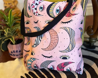 Moon Phase Pattern Tote Bag, moon Evil eyes pattern Grocery Bag, crescent moon Tote Bag, 18x18 16x16 13x13 Tote Bag black handle