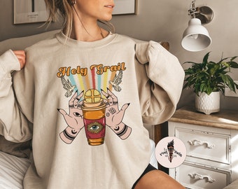 Holy Grail Coffee pullover, funny retro coffee pullover, funny coffee obsessed sweatshirt, witchy coffee pullover, coffee obsessed pullover