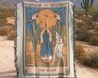 The Moon Tarot Card Woven Throw Blanket, Moon Woven tarot theme blanket, The Moon Tarot card Woven Throw, Tarot theme Large Throw Blanket