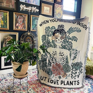 Dead Inside Plant Lover woven fringe blanket, Skeleton plant lover blanket, skeleton houseplant lover woven blanket, monstera woven blanket