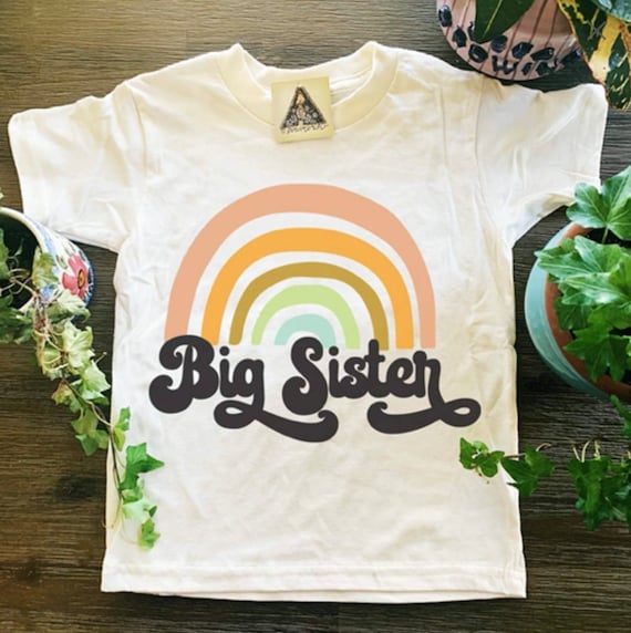 Retro Rainbow Big Sister Sibling Reveal Announcement Shirt for Baby and Toddler Girls Sibling Outfits