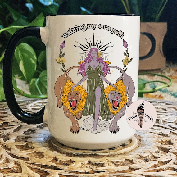 Woman with lions Mug, feminist woman with lions mug, mystical leo lion mug, walking my own path mug, woman holding lions mug, goddess mug