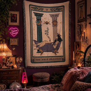 The High Priestess Tarot Card Woven Throw Blanket, High Priestess Tarot Blanket Woven Throw, Tarot theme Large Throw Blanket, tarot blanket