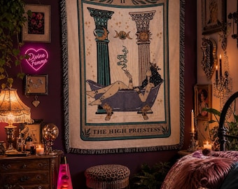 The High Priestess Tarot Card Woven Throw Blanket, High Priestess Tarot Blanket Woven Throw, Tarot theme Large Throw Blanket, tarot blanket