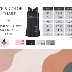 May include: Size chart for a racerback tank top in black, white, soft pink, and athletic heather. The chart shows chest and length measurements in inches for sizes XS to 2XL.