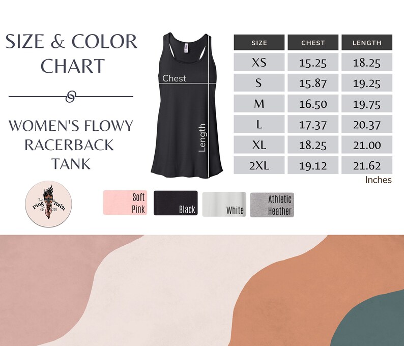 May include: Size chart for a racerback tank top in black, white, soft pink, and athletic heather. The chart shows chest and length measurements in inches for sizes XS to 2XL.