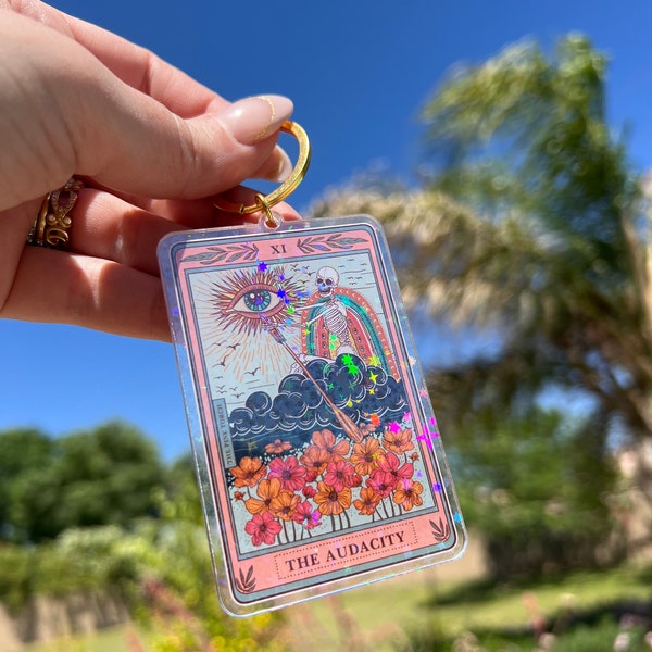 The Audacity Tarot Card Holographic Keychain, Audacity Tarot Card keychain, Tarot Card Gift, Acrylic Tarot Keychain, Glitter Keychain