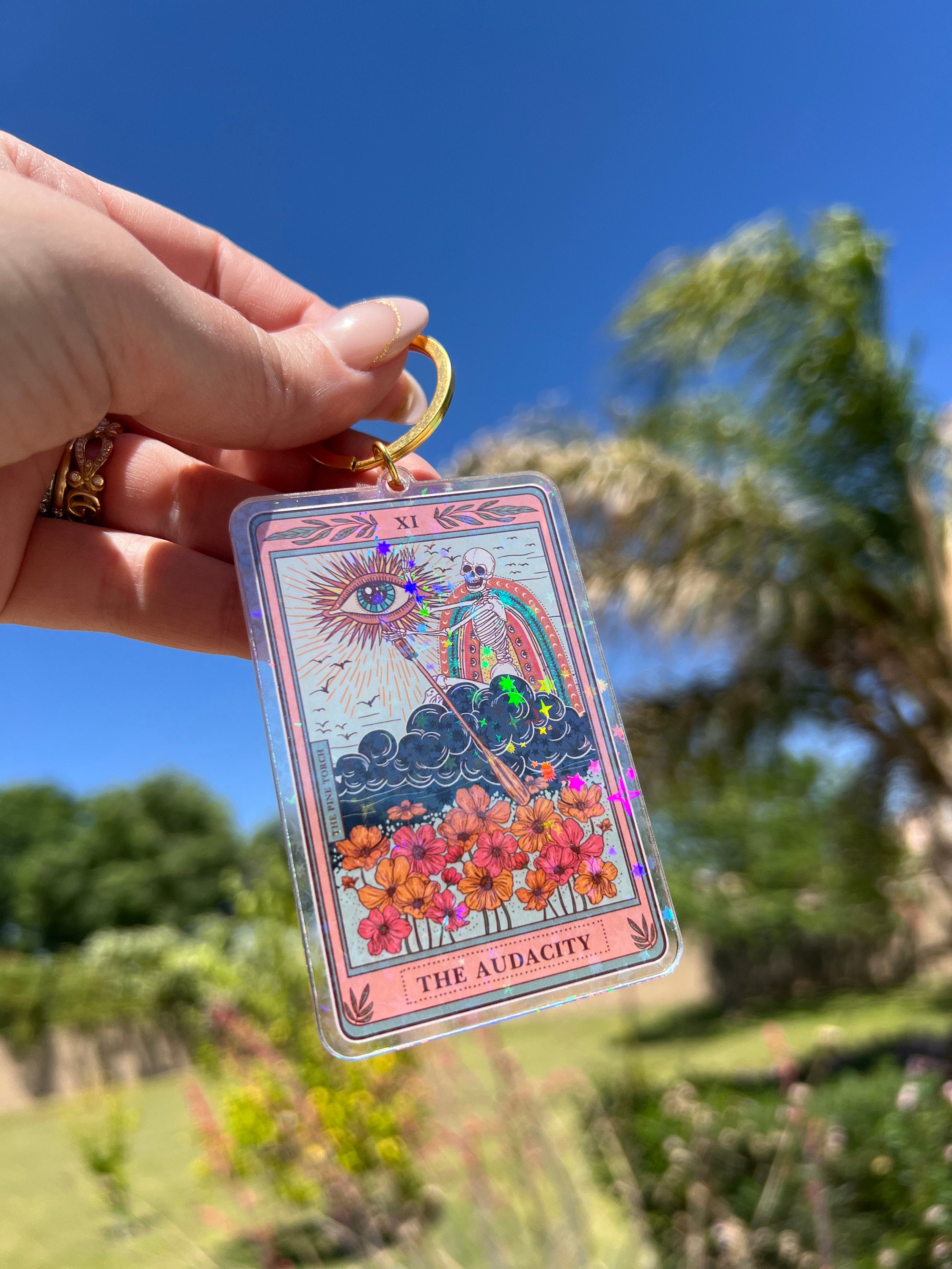 The Audacity Tarot Card Holographic Keychain, Audacity Tarot Card keychain, Tarot Card Gift, Acrylic Tarot Keychain, Glitter Keychain