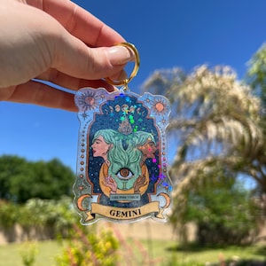 Gemini Zodiac Holographic Keychain, Witchy zodiac gift, Gemini keychain, Zodiac all signs Gift, Acrylic zodiac Keychain