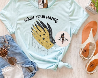 Camiseta "Lávate las manos", camiseta de manos de bruja, camiseta "Lávate las manos", camiseta "Lávate las manos en cuarentena", camiseta mística de bruja con ojo maligno y ocultismo