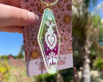 Sacred Heart Holographic Hotel Keychain, Sacred Heart gift, irridescent hotel keychain, Acrylic hotel Keychain