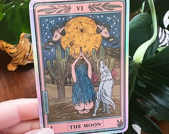 The Moon Tarot Card Holographic Sticker, Moon tarot card sticker, the moon tarot Sticker Water bottle laptop phone sticker