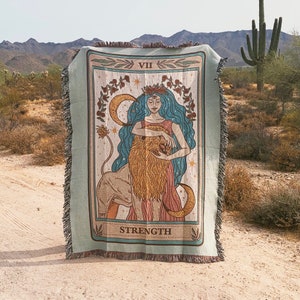 Strength woman and lion Tarot Card Woven Throw Blanket, Strength Tarot card Blanket Woven Throw, Tarot theme Large Throw Blanket