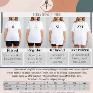 May include: Unisex jersey t-shirt size chart with measurements in inches. The chart shows the different fits available: fitted, regular, relaxed, and oversized. The chart also includes the width and length measurements for each size from XS to 5XL.