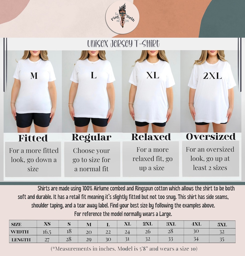 May include: Unisex jersey t-shirt size chart with measurements in inches. The chart shows the different fits available: fitted, regular, relaxed, and oversized. The chart also includes the width and length measurements for each size from XS to 5XL.
