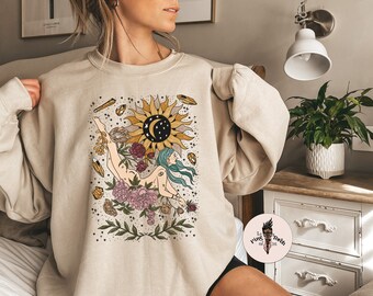 Crystal floral goddess pullover, crystal mama pullover, blooming sunflower goddess sweatshirt, witchy crystal sweatshirt