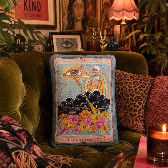 The Audacity Tarot Plush Embroidered Pillow, The Audacity Tarot Pillow, Tarot Card plush, oversized embroidered plush pillow, tarot pillow