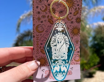 Skeleton Mary Holographic Hotel Keychain, Blessed Stressed keyring gift, irridescent hotel keychain, Acrylic hotel Keychain